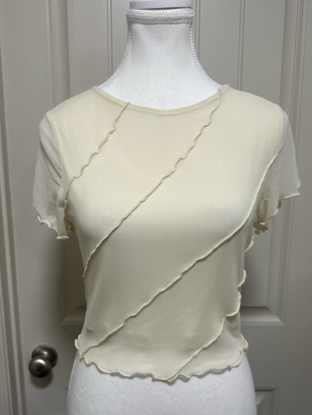 Cream Mesh Short Sleeve Tee - Women Y2K